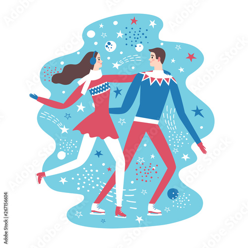 Cartoon ice skaters pair on decorative background.