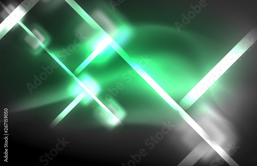 Neon square and line lights on dark background with blurred effects