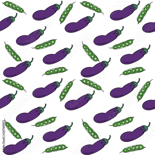 Seamless pattern with hand drawn aubergines and peas on white backdrop.Food texture background for wallpaper, textile, web page backdrop, farm market, food packaging design