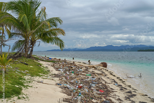 Plastic garbage on paradise uninhabited islands of archipelago San Blas Panama
