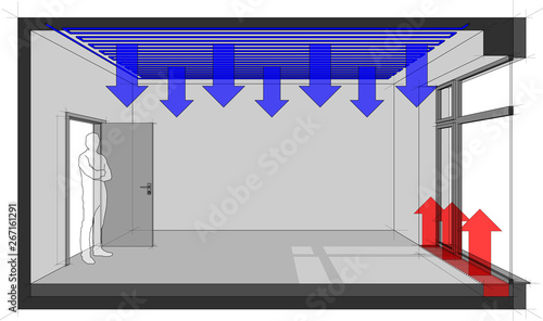 3d illustration of  empty room with door and tall french window and standing man in the opened door and ceiling cooling and floor convector for heating in front of window