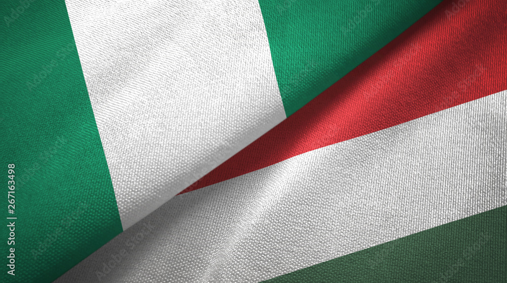 Nigeria and Hungary two flags textile cloth, fabric texture