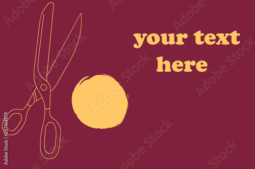 Sewing poster training course class announcement flyer template. Hand drawn doodle sketch line art vector illustration of retro style dressmaker scissors. Yellow outline logo on red maroon background