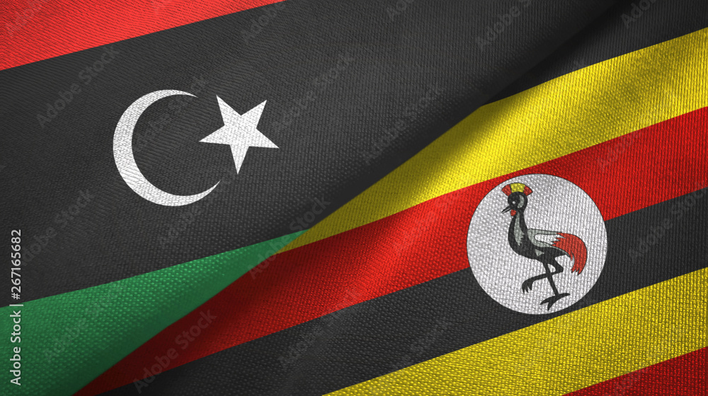Fototapeta premium Libya and Uganda two flags textile cloth, fabric texture