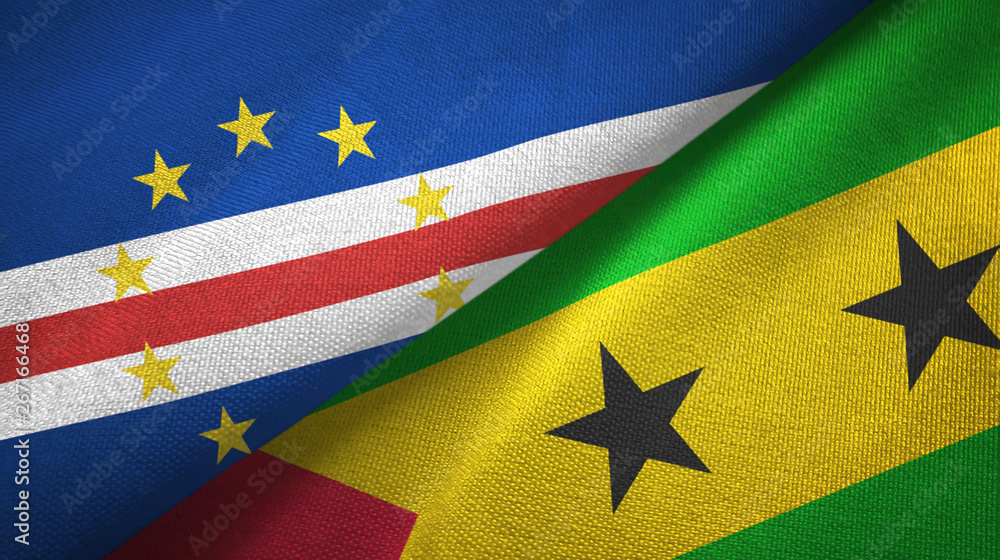 Fototapeta premium Cabo Verde and Sao Tome and Principe two flags textile cloth, fabric texture