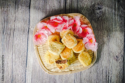 Bakpia Pathok are small, round-shaped Chinese-influenced Indonesian sweet rolls (bakpia), usually stuffed with mung beans, but have recently come in other fillings as well  photo