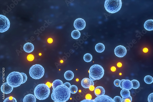 Infectious virus with surface details on blue background, 3d rendering.