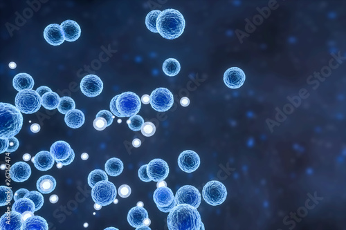 Infectious virus with surface details on blue background, 3d rendering. © Vink Fan