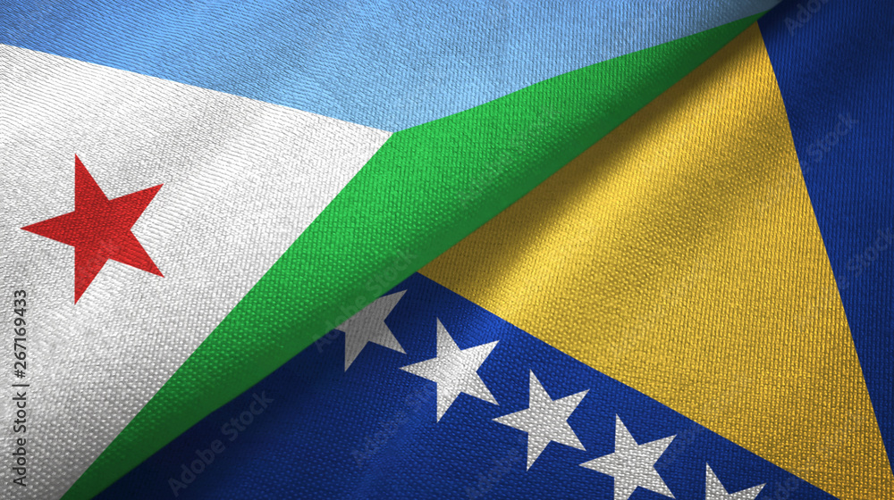 Djibouti and Bosnia and Herzegovina two flags textile cloth, fabric texture Djibouti and Bosnia and Herzegovina two flags textile cloth, fabric texture