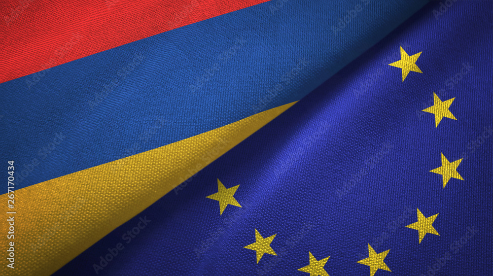 Armenia and European Union two flags textile cloth, fabric texture Armenia and European Union two flags textile cloth, fabric texture