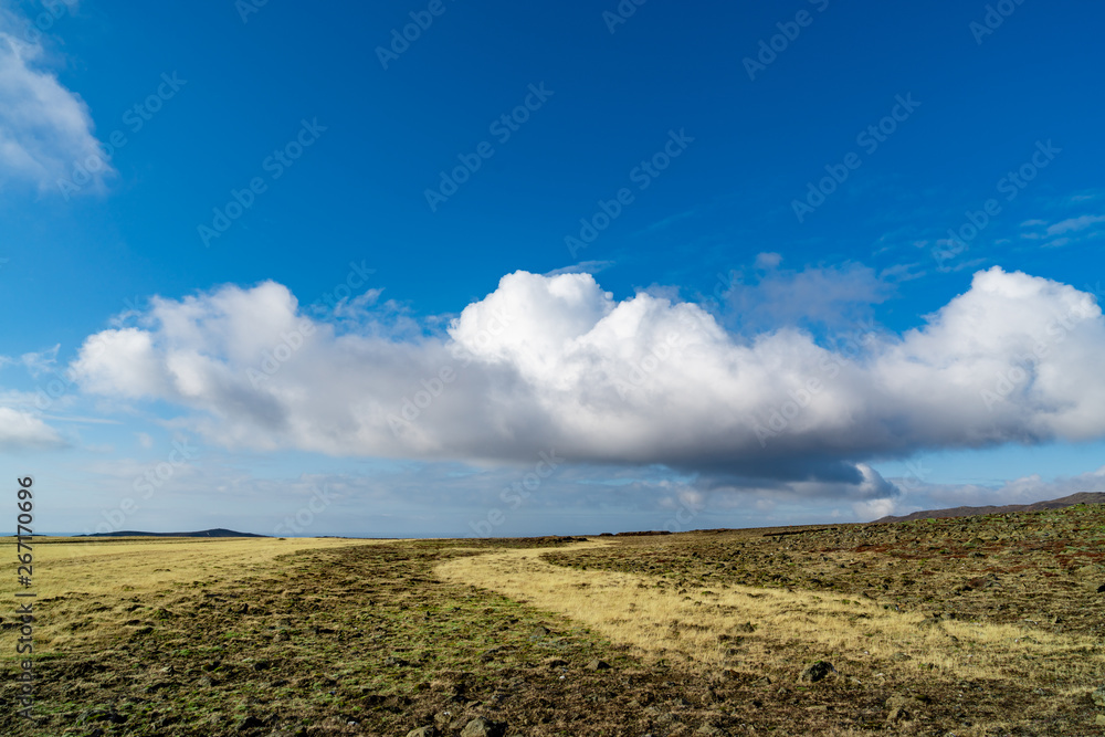 Beautiful clouds over the barren landscapes of Iceland. Yellow grass with hints of green vegetation on the rocky ground.