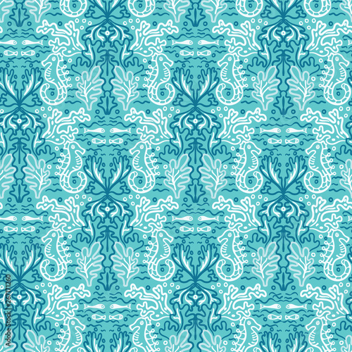 Sealife damask seahorse pattern. Seamless vector ocean background. Hand drawn seaweed algae nature all over print. For summer beach wear, turquoise marine animal textiles, yacht sailing fashion fabric