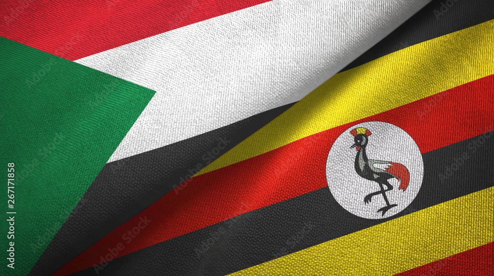 Fototapeta premium Sudan and Uganda two flags textile cloth, fabric texture
