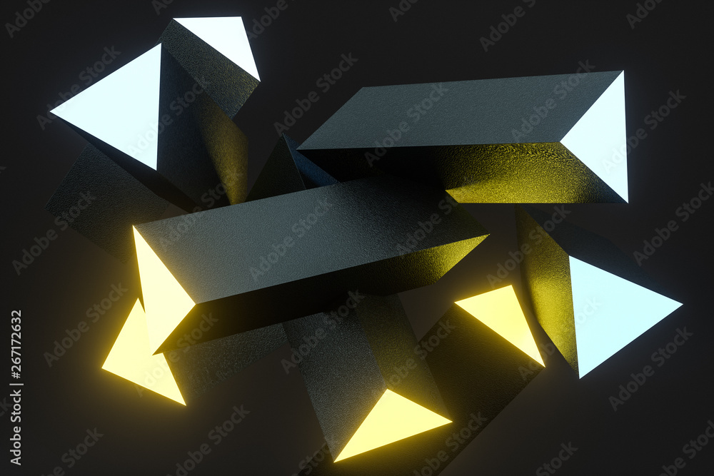3d rendering, yellow glowing triangle pillar with dark background, 3d rendering, yellow glowing triangle pillar with dark background,
