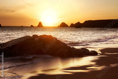 Magnificent sunset. Goat Rock Beach is located between Goat Rock Point and the Russian River along the Sonoma County shore near the town of Jenner. The Russian River, with its mouth at the north end 