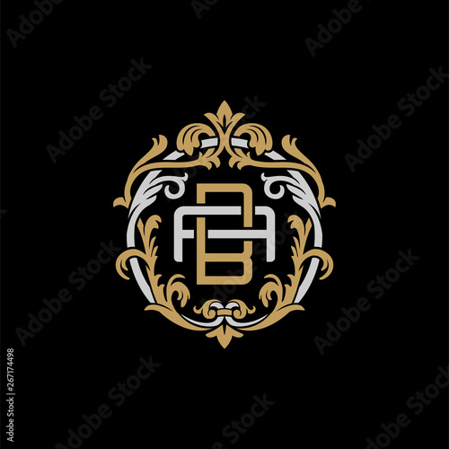 Initial letter A and B, AB, BA, decorative ornament emblem badge, overlapping monogram logo, elegant luxury silver gold color on black background