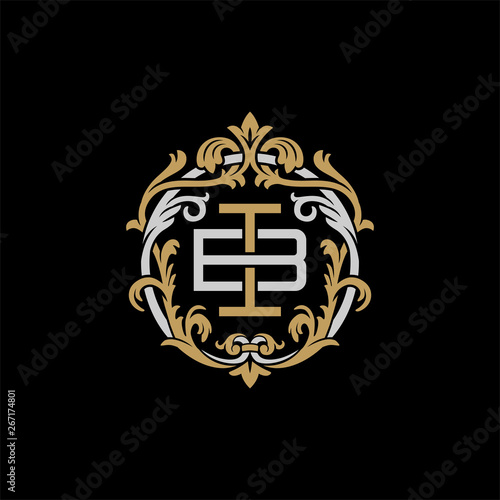 Initial letter B and I, BI, IB, decorative ornament emblem badge, overlapping monogram logo, elegant luxury silver gold color on black background