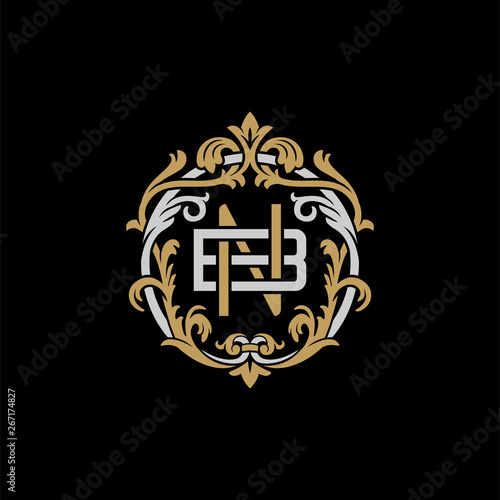 Initial letter B and N, BN, NB, decorative ornament emblem badge, overlapping monogram logo, elegant luxury silver gold color on black background