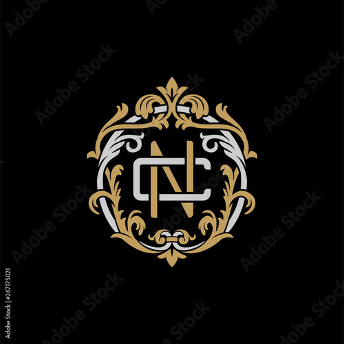 Initial letter C and N, CN, NC, decorative ornament emblem badge, overlapping monogram logo, elegant luxury silver gold color on black background