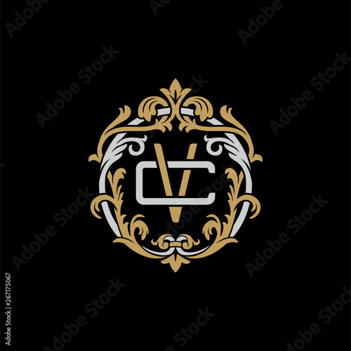 Initial letter C and V, CV, VC, decorative ornament emblem badge, overlapping monogram logo, elegant luxury silver gold color on black background