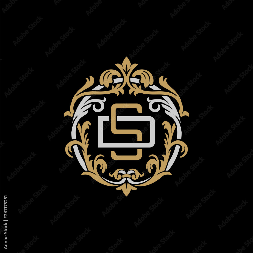 Obraz premium Initial letter D and S, DS, SD, decorative ornament emblem badge, overlapping monogram logo, elegant luxury silver gold color on black background