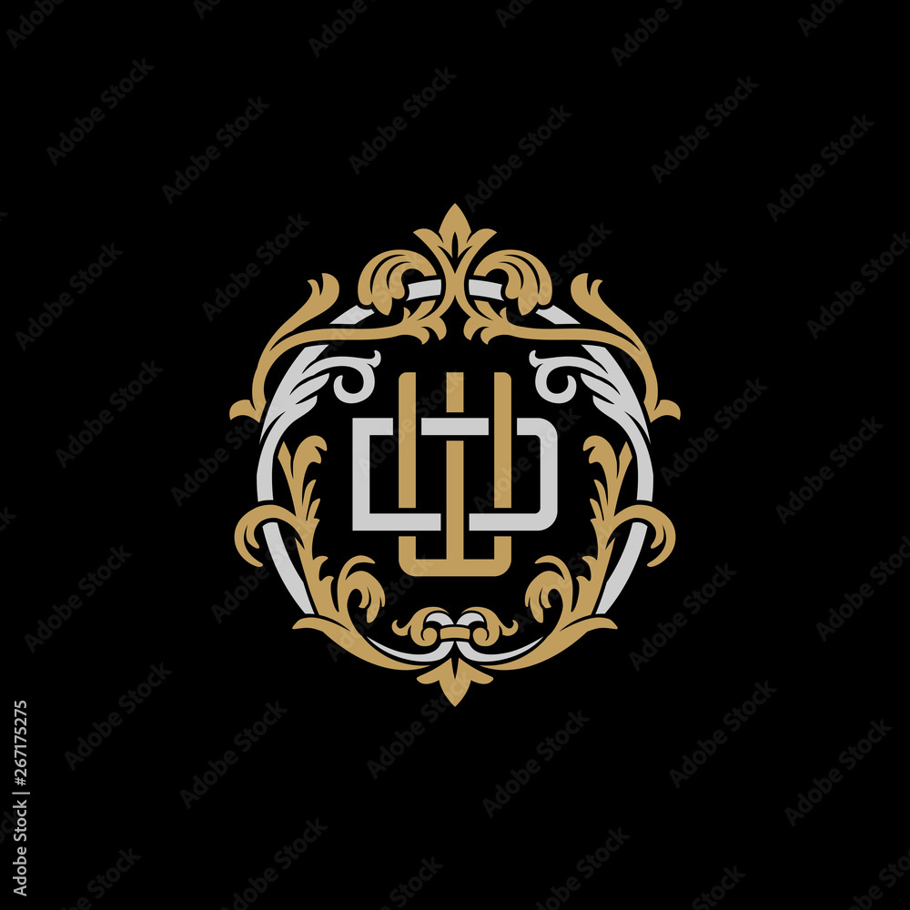 Initial letter D and W, DW, WD, decorative ornament emblem badge, overlapping monogram logo, elegant luxury silver gold color on black background Initial letter D and W, DW, WD, decorative ornament emblem badge, overlapping monogram logo, elegant luxury silver gold color on black background