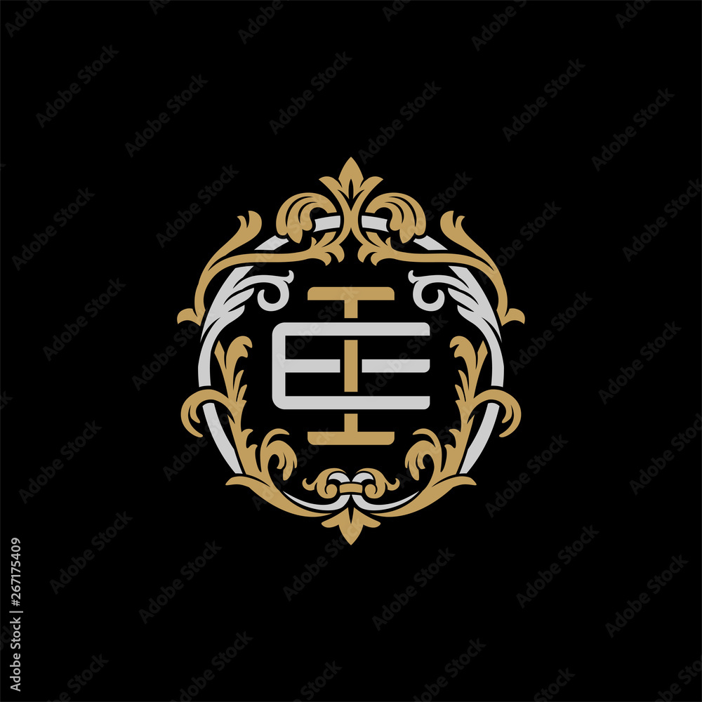 Obraz premium Initial letter E and I, EI, IE, decorative ornament emblem badge, overlapping monogram logo, elegant luxury silver gold color on black background