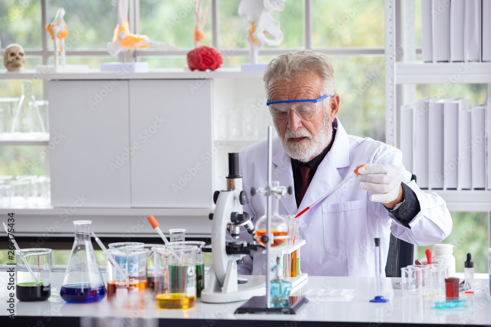Senior scientist using microscope, Test in the Laboratory. Senior scientist using microscope, Test in the Laboratory.