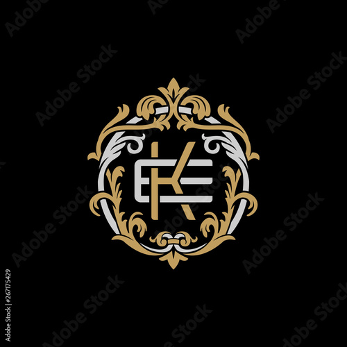 Initial letter E and K, EK, KE, decorative ornament emblem badge, overlapping monogram logo, elegant luxury silver gold color on black background