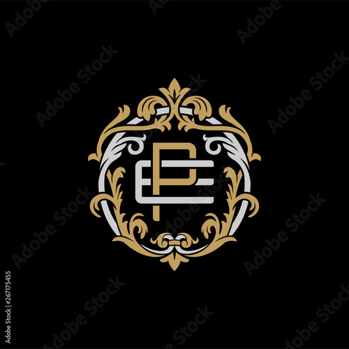 Initial letter E and P, EP, PE, decorative ornament emblem badge, overlapping monogram logo, elegant luxury silver gold color on black background