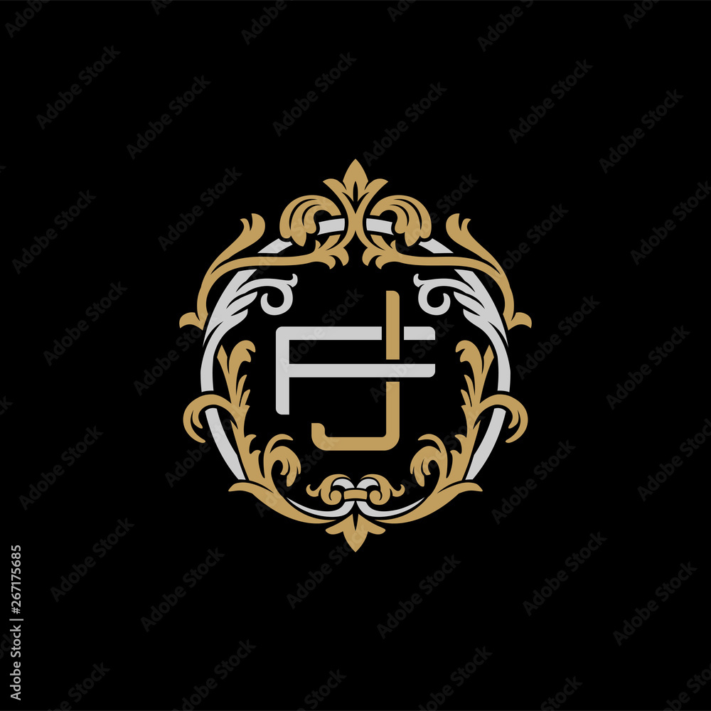 Fototapeta premium Initial letter F and J, FJ, JF, decorative ornament emblem badge, overlapping monogram logo, elegant luxury silver gold color on black background