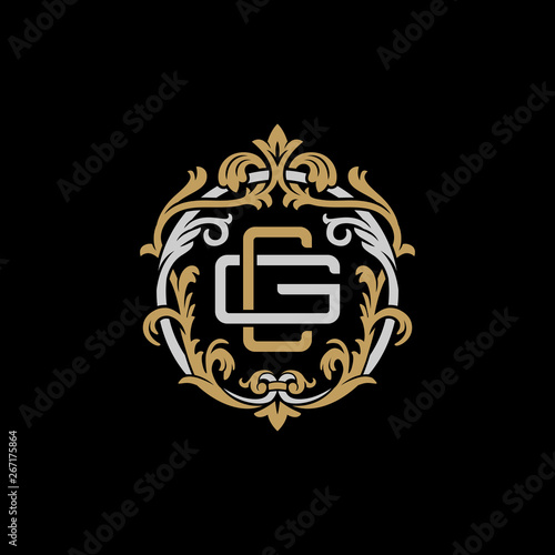 Initial letter G and C, GC, CG, decorative ornament emblem badge, overlapping monogram logo, elegant luxury silver gold color on black background