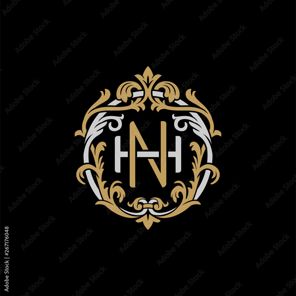 Initial letter H and N, HN, NH, decorative ornament emblem badge, overlapping monogram logo, elegant luxury silver gold color on black background Initial letter H and N, HN, NH, decorative ornament emblem badge, overlapping monogram logo, elegant luxury silver gold color on black background