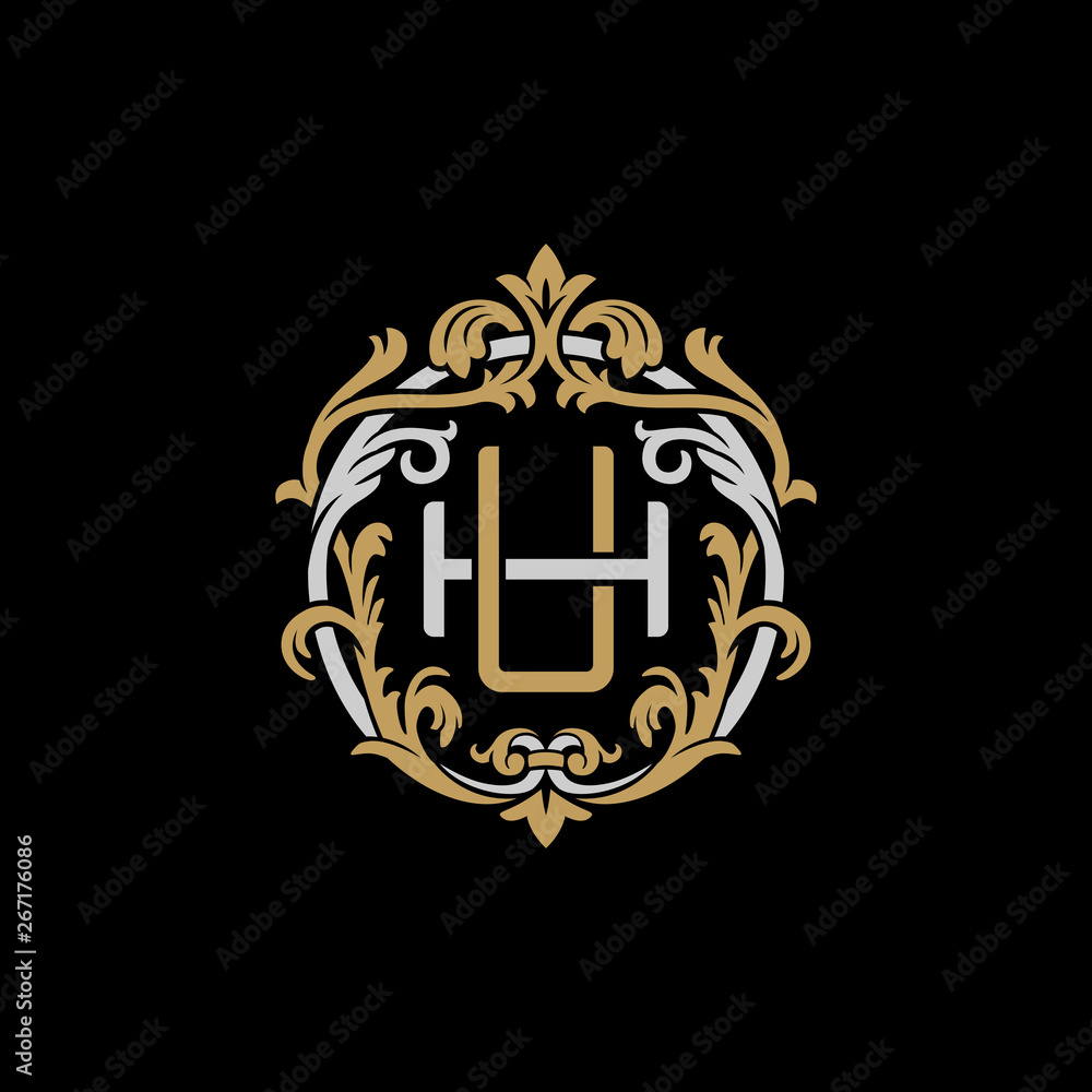 Initial letter H and U, HU, UH, decorative ornament emblem badge, overlapping monogram logo, elegant luxury silver gold color on black background Initial letter H and U, HU, UH, decorative ornament emblem badge, overlapping monogram logo, elegant luxury silver gold color on black background