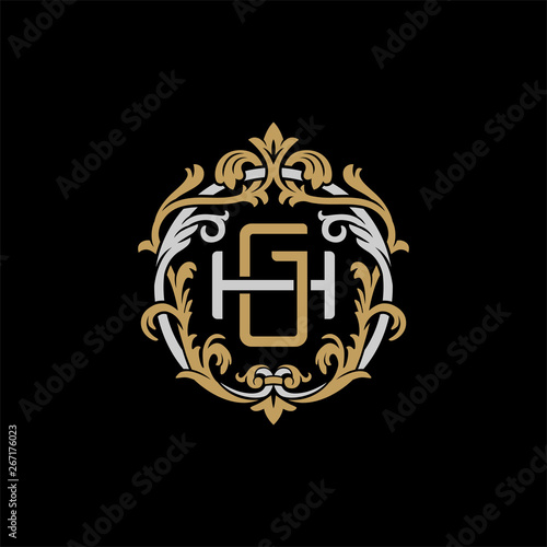 Initial letter H and G, HG, GH, decorative ornament emblem badge, overlapping monogram logo, elegant luxury silver gold color on black background
