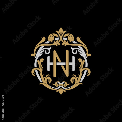 Initial letter H and N, HN, NH, decorative ornament emblem badge, overlapping monogram logo, elegant luxury silver gold color on black background