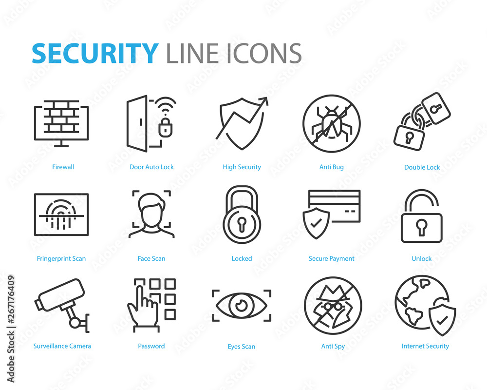set of security line icons, such as protect, password, lock set of security line icons, such as protect, password, lock