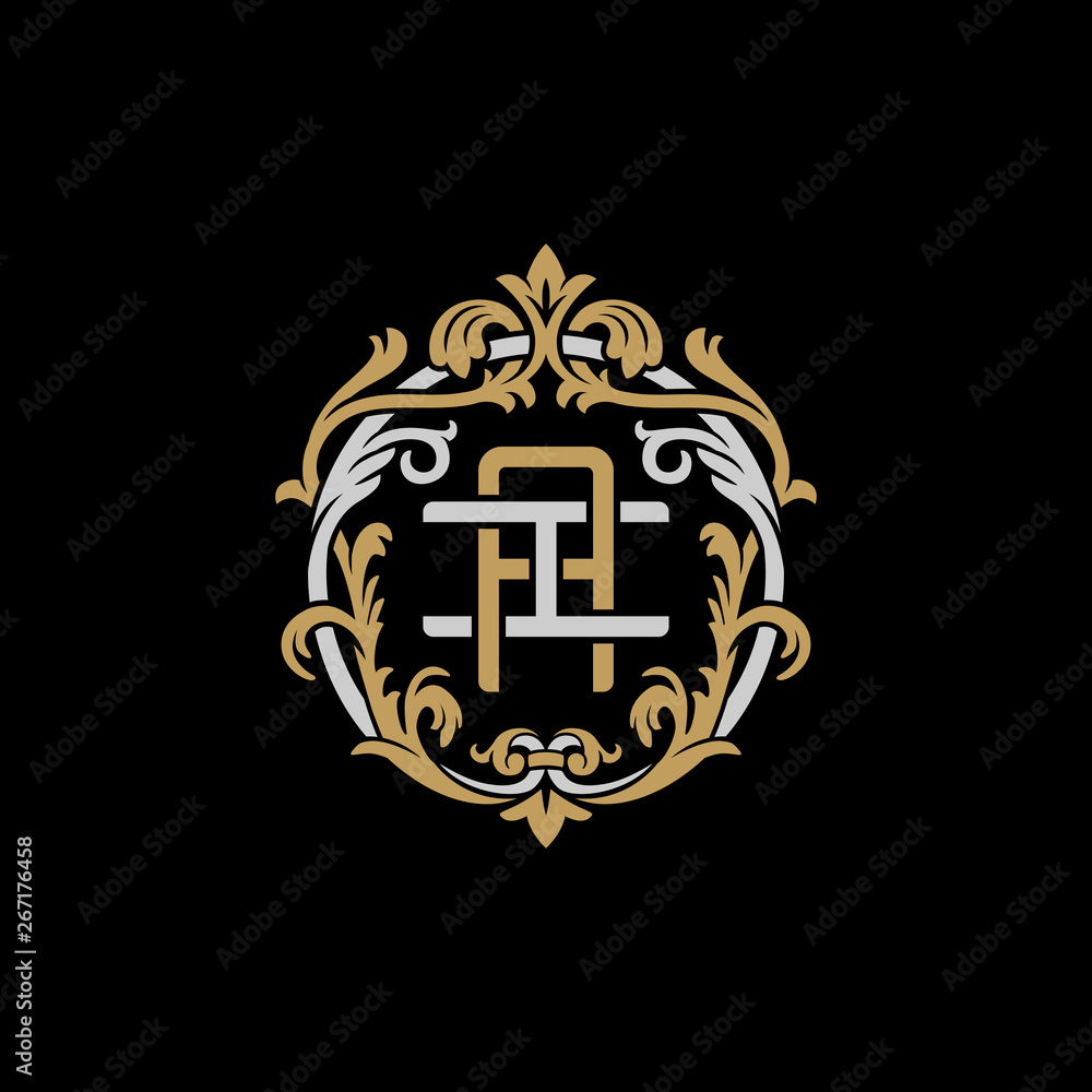 Initial letter I and A, IA, AI, decorative ornament emblem badge, overlapping monogram logo, elegant luxury silver gold color on black background