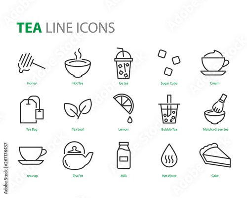set of tea icon, tea cup, hot water, matcha, suugar, ice tea