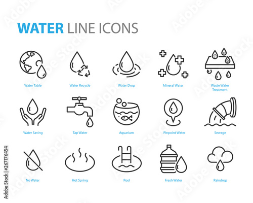 set of water icons ,such as  water drop, treatment, sewage, recycle, fresh, save