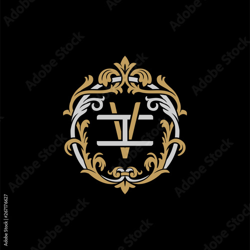 Initial letter I and V, IV, VI, decorative ornament emblem badge, overlapping monogram logo, elegant luxury silver gold color on black background