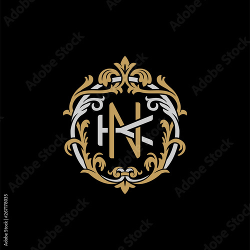 Initial letter K and N, KN, NK, decorative ornament emblem badge, overlapping monogram logo, elegant luxury silver gold color on black background