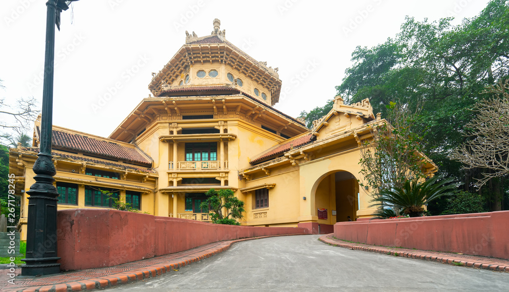 Hanoi, Vietnam - March 31, 2019: Architecture of Vietnam's national history museum. It is building between 1926 by architect Ernest Hebrard and is preserved today in Hanoi, Vietnam