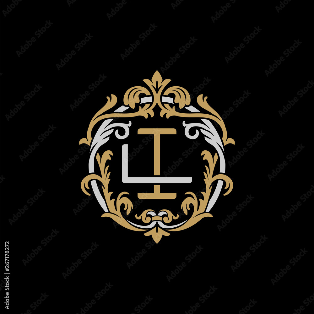 Initial letter L and I, LI, IL, decorative ornament emblem badge, overlapping monogram logo, elegant luxury silver gold color on black background - obrazy, fototapety, plakaty 