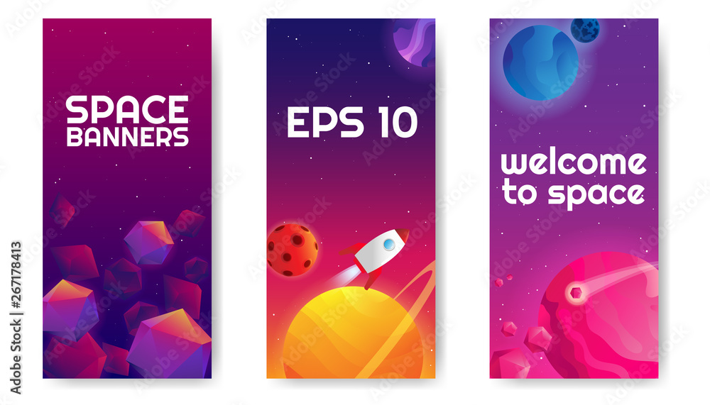 Vector set of three colourful cosmic banners with illustration of asteroids, planets, moon, comets and rocket on bright gradient background with stars