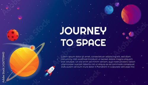 Vector cosmic illustration banner template with colourful planets, moon, asteroids, comets and spaceship on deep blue gradient background with stars