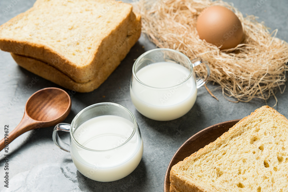 Bread, milk and eggs, healthy breakfast Bread, milk and eggs, healthy breakfast