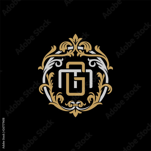 Initial letter M and G, MG, GM, decorative ornament emblem badge, overlapping monogram logo, elegant luxury silver gold color on black background