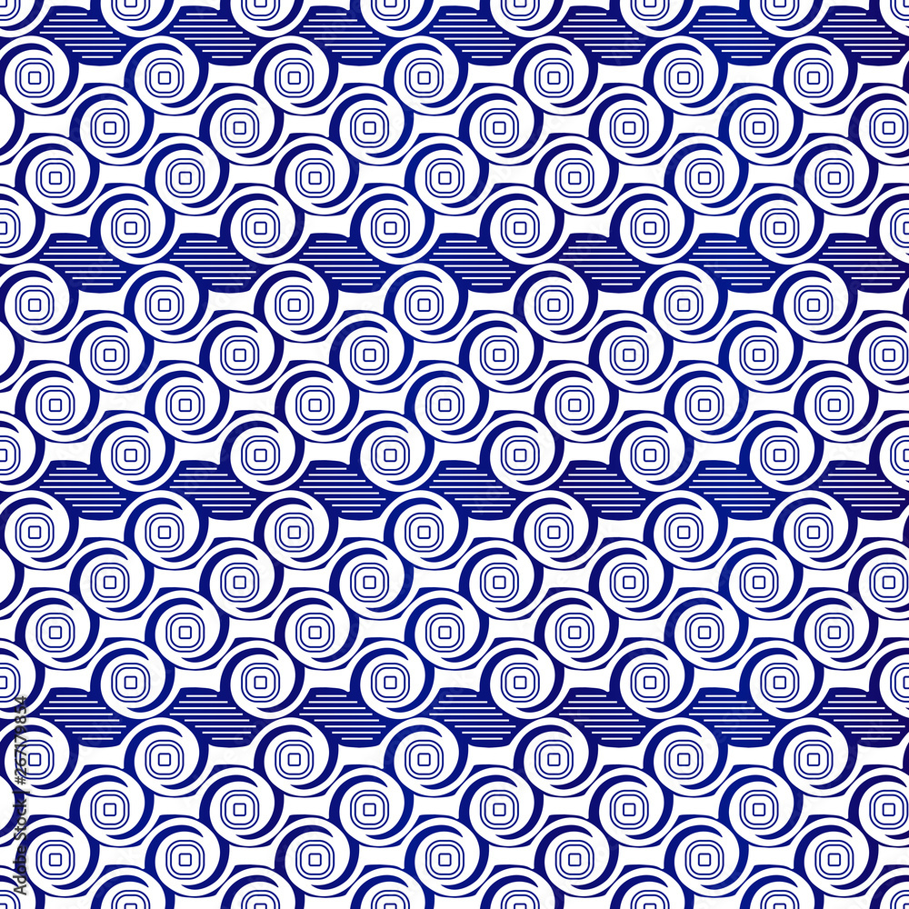 Abstract seamless pattern. Seamless wave vector background. Blue and white texture. Graphic pattern with circles and lines. Repeating abstract decorative background - Vector