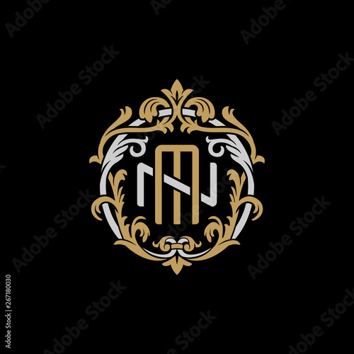 Initial letter N and M, NM, MN, decorative ornament emblem badge, overlapping monogram logo, elegant luxury silver gold color on black background